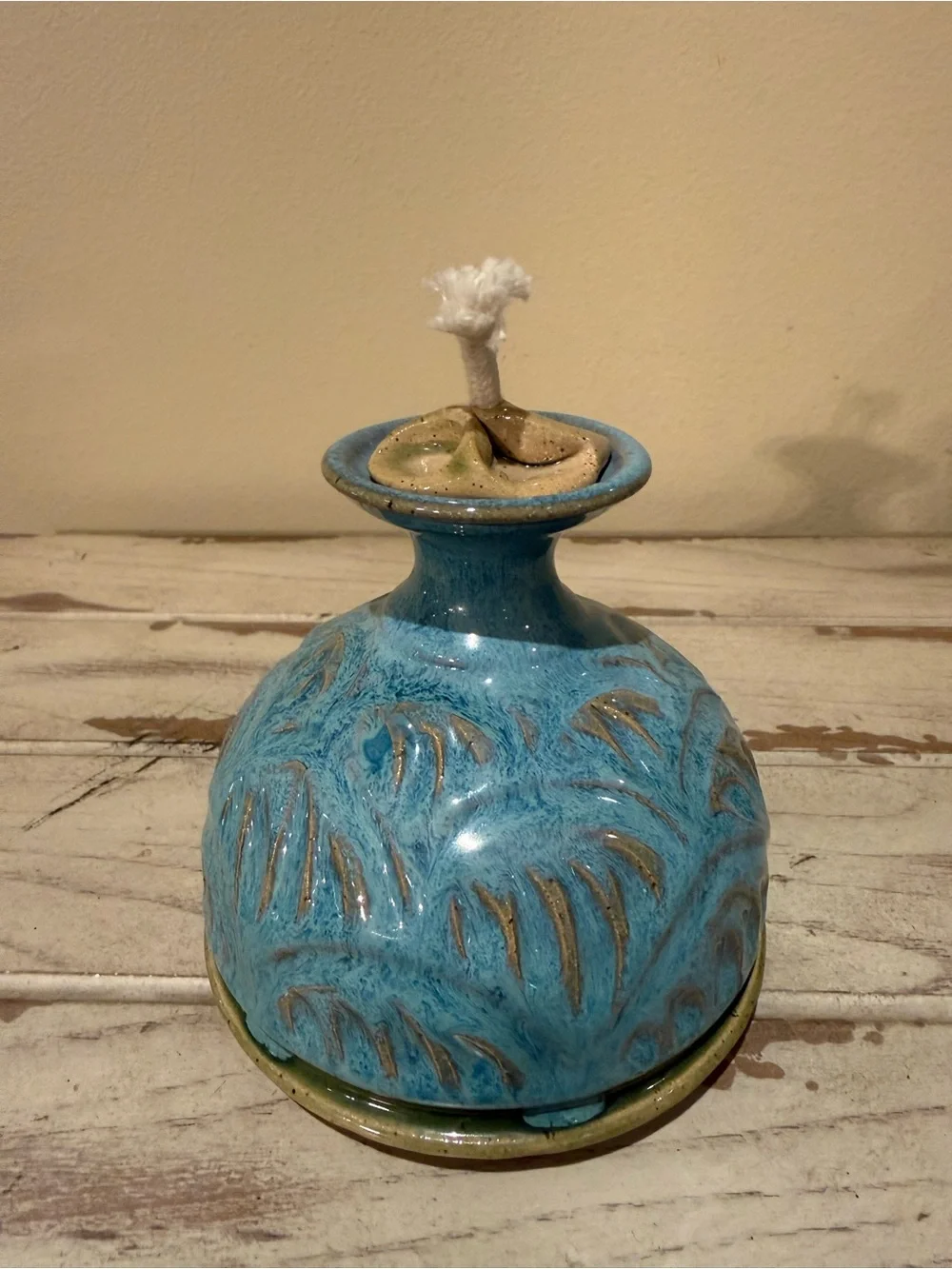 Artisan Studio Pottery Ceramic Oil Lamp Blue Palm Leaf Carved Signed PS.119